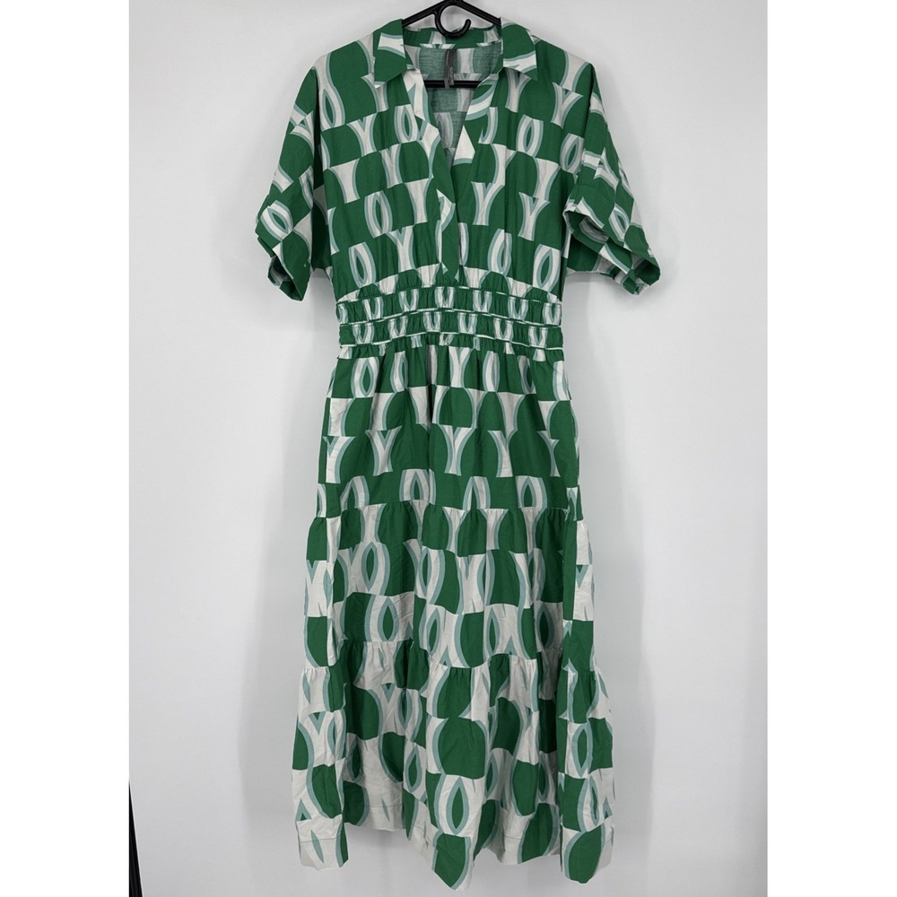 Anthropologie The Somerset Maxi Dress Green Ruched Waist Geometric Artsy Chic M - Picture 2 of 8